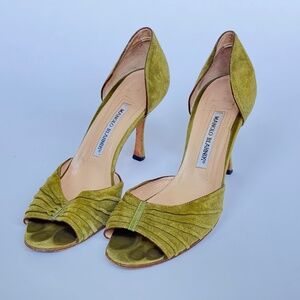 Vintage Manolo Blahnik Green Suede Open Toe Heels, Size 38.5